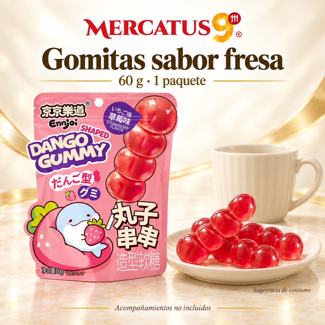 Sugerencia ilustrativa de consumo de Gomitas JJLD sabor fresa; acompañamientos no incluidos