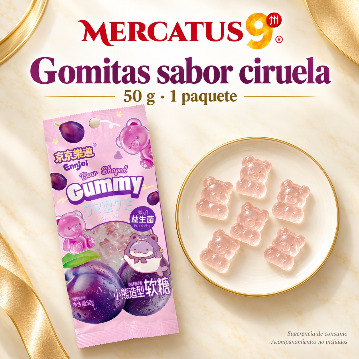 Sugerencia ilustrativa de consumo de Gomitas JJLD sabor ciruela; acompañamientos no incluidos