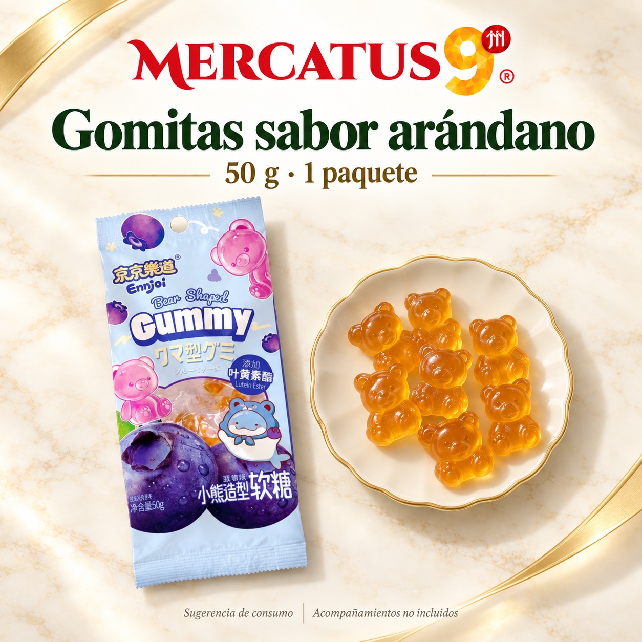 Sugerencia ilustrativa de consumo de Gomitas JJLD sabor arándano; acompañamientos no incluidos