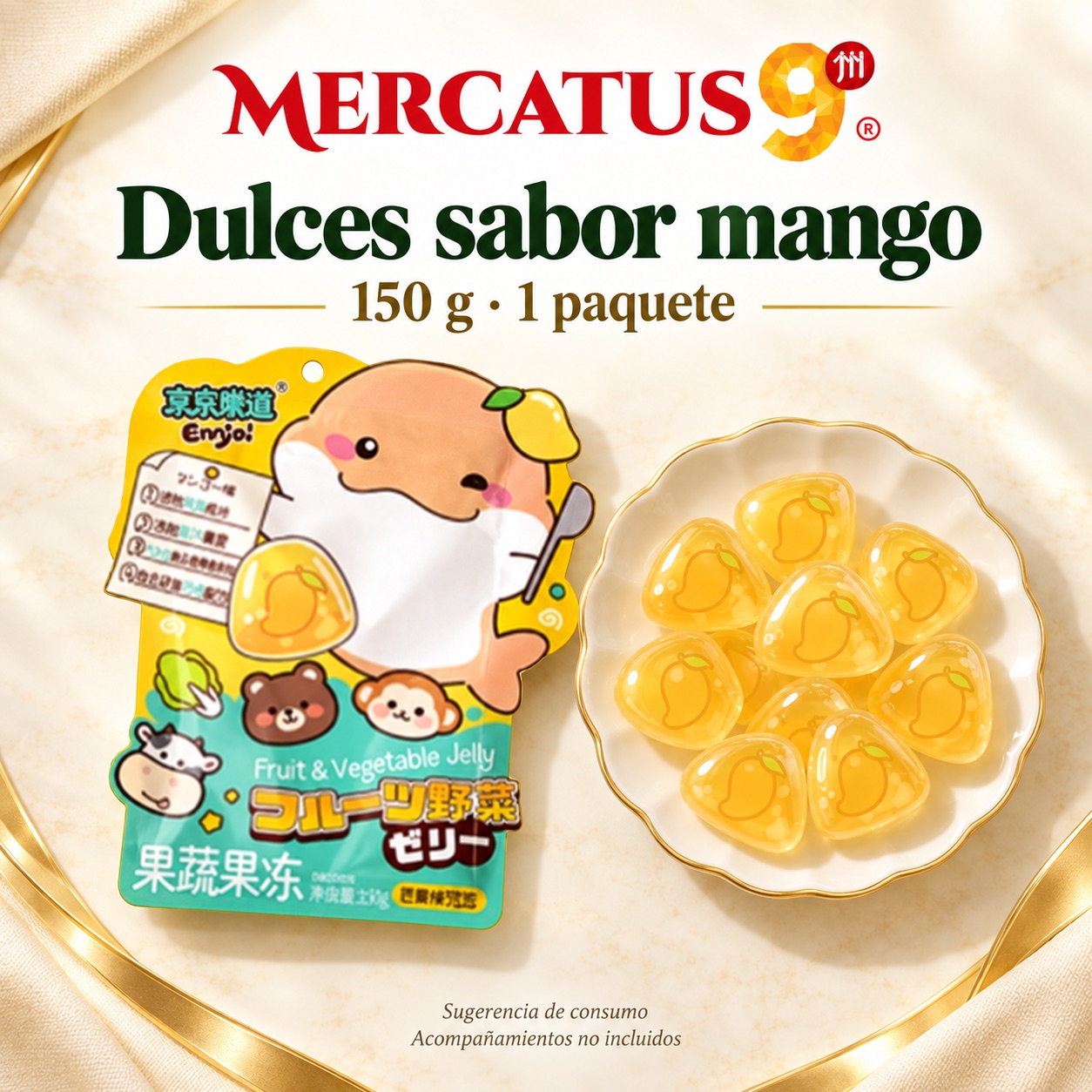 Sugerencia ilustrativa de consumo de Dulces JJLD sabor mango; acompañamientos no incluidos