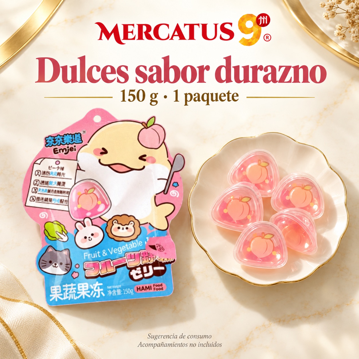 Sugerencia ilustrativa de consumo de Dulces JJLD sabor durazno; acompañamientos no incluidos