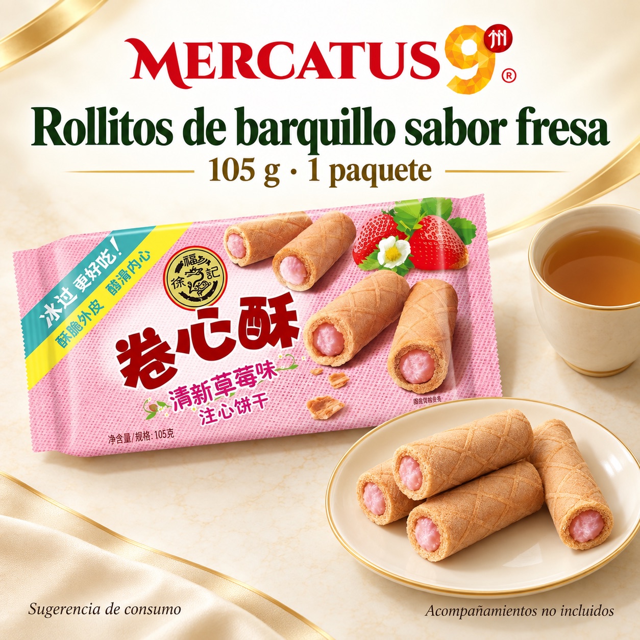 Sugerencia ilustrativa de consumo de Rollitos de barquillo sabor fresa; acompañamientos no incluidos