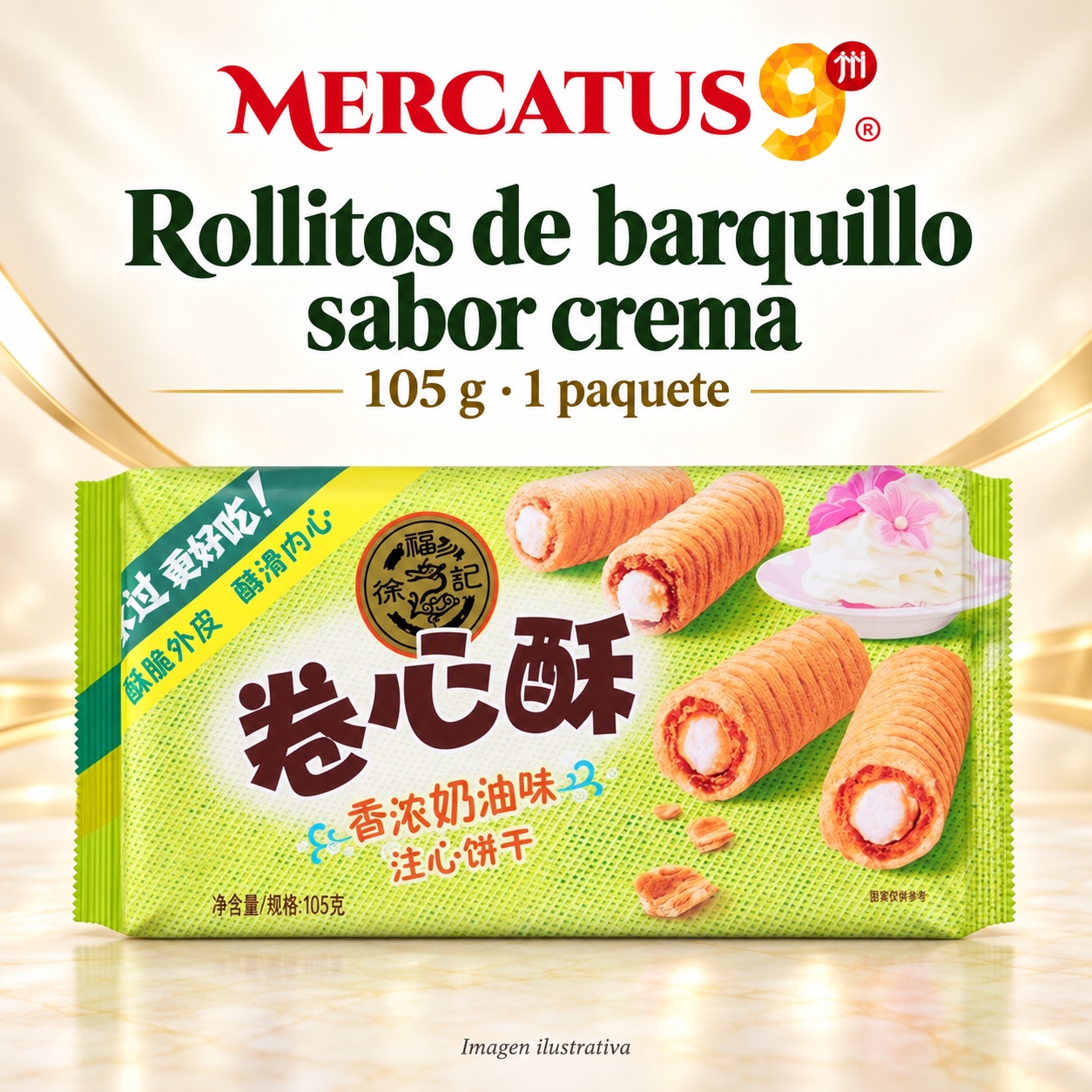 Rollitos de barquillo sabor crema, presentación de 105 g, Mercatus9