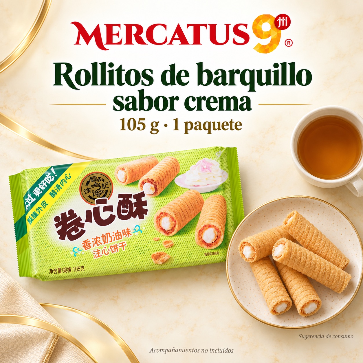 Sugerencia ilustrativa de consumo de Rollitos de barquillo sabor crema; acompañamientos no incluidos