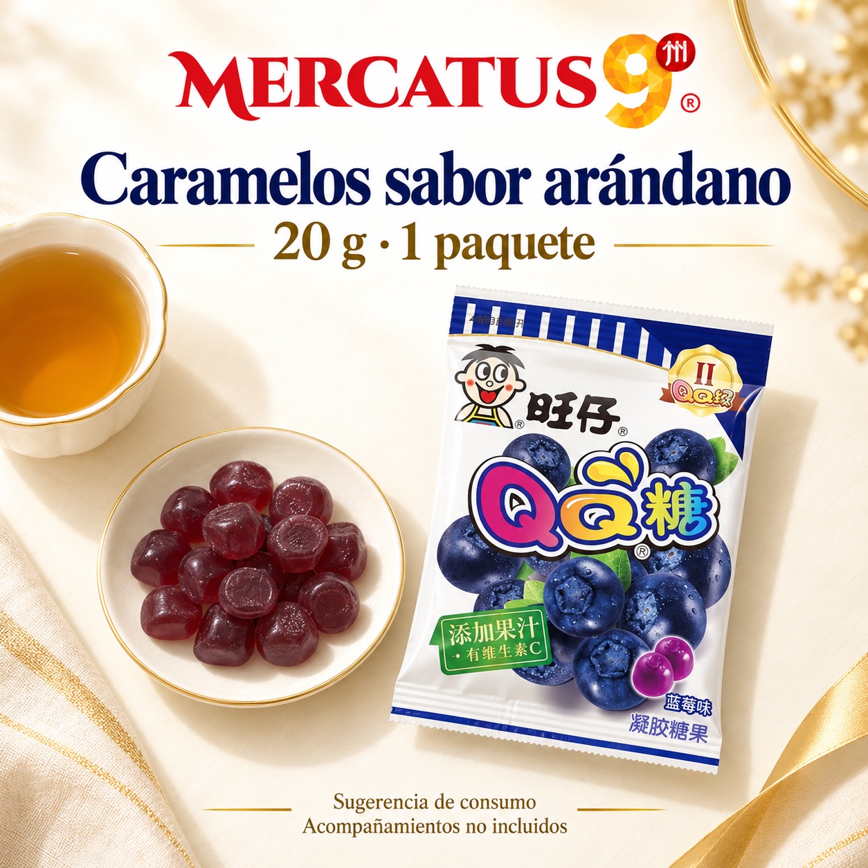 Sugerencia ilustrativa de consumo de Caramelos sabor arándano; acompañamientos no incluidos