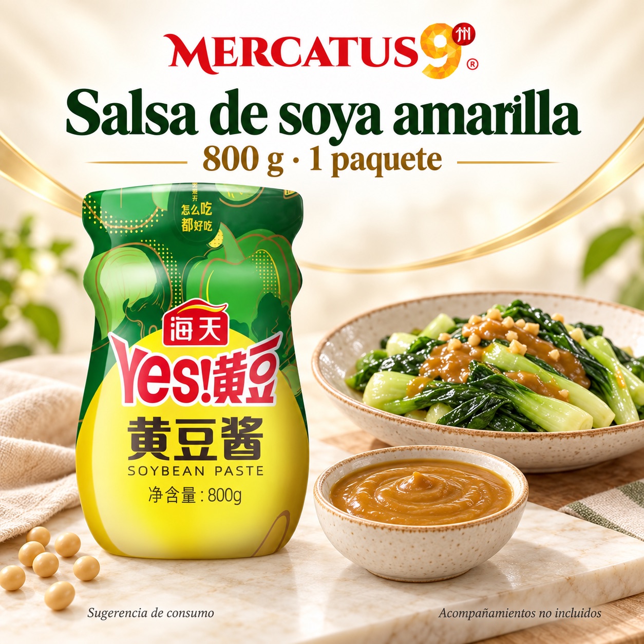 Sugerencia ilustrativa de consumo de Salsa de soya amarilla; acompañamientos no incluidos