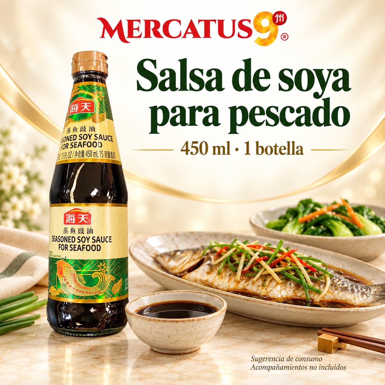 Sugerencia ilustrativa de consumo de Salsa de soya para pescado; acompañamientos no incluidos
