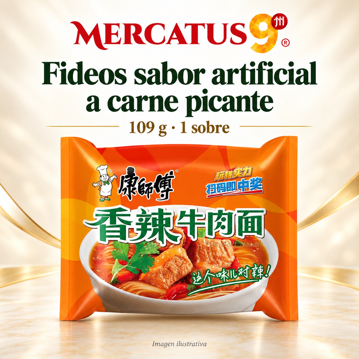 Fideos sabor artificial a carne picante, presentación de 109 g, Mercatus9