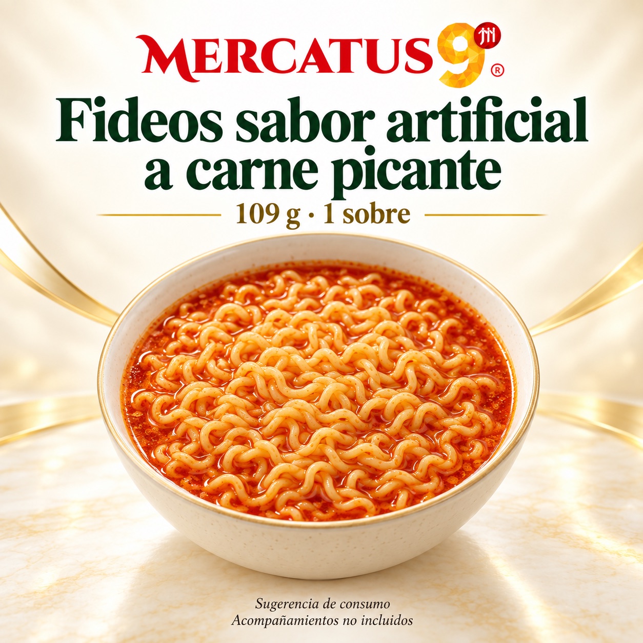 Sugerencia ilustrativa de consumo de Fideos sabor artificial a carne picante; acompañamientos no incluidos