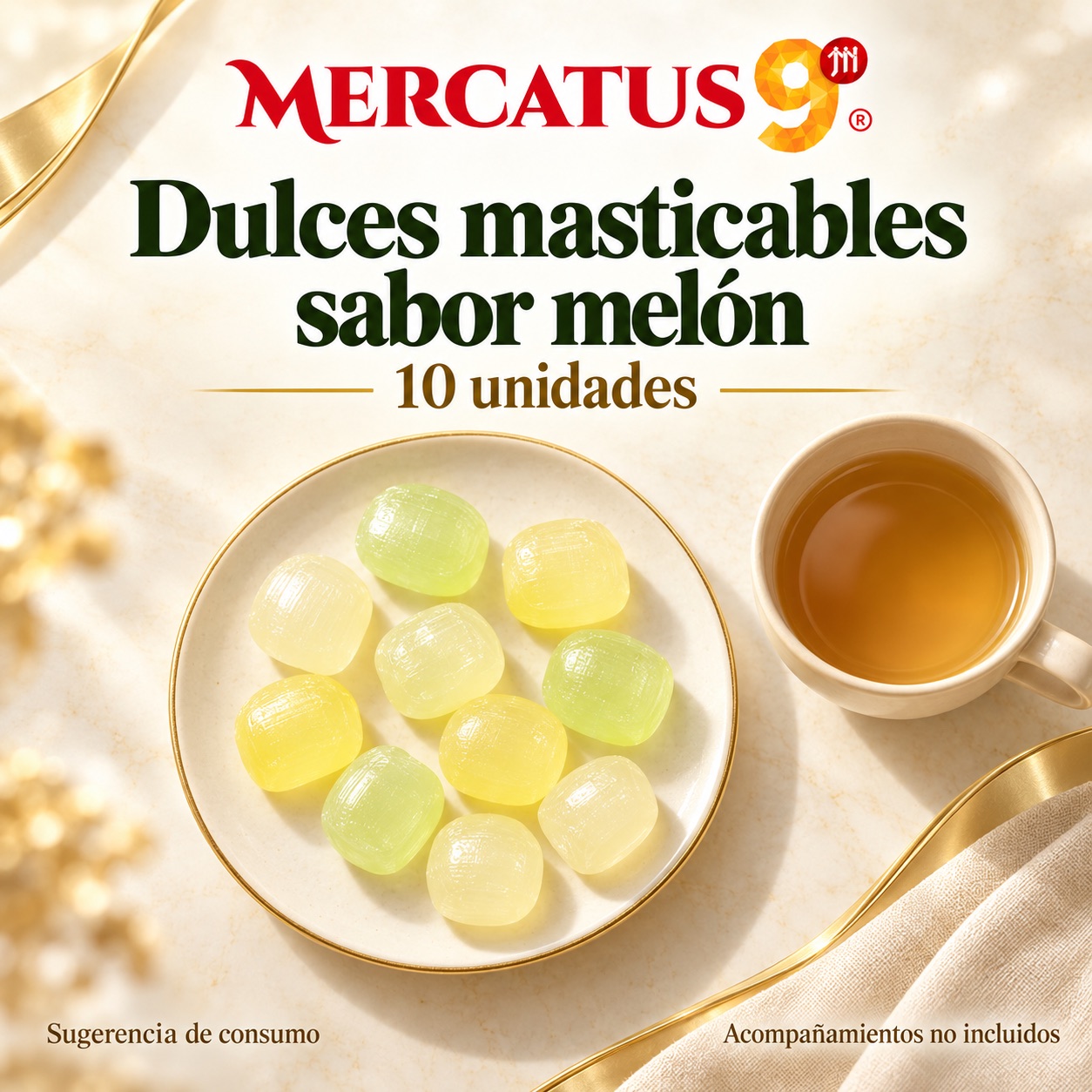 Sugerencia ilustrativa de consumo de Dulces masticables sabor melón; acompañamientos no incluidos