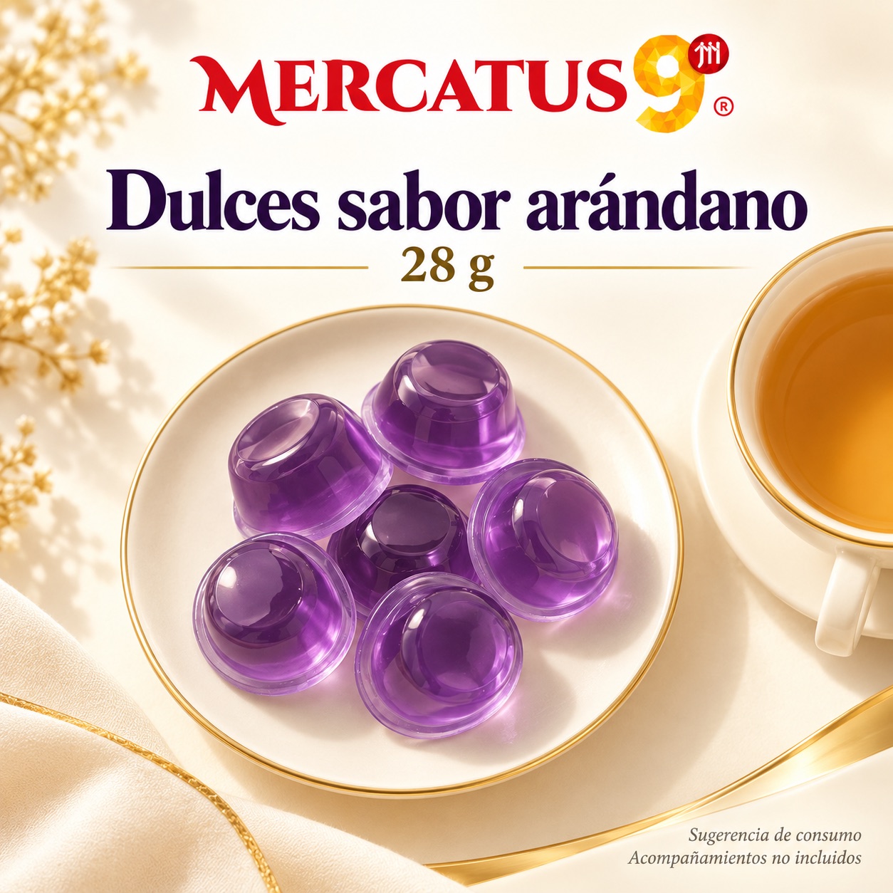 Sugerencia ilustrativa de consumo de Dulces sabor arándano; acompañamientos no incluidos