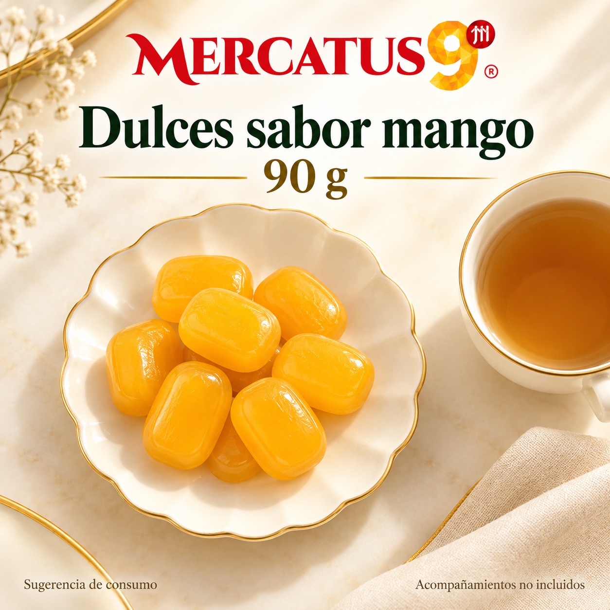 Sugerencia ilustrativa de consumo de Dulces sabor mango; acompañamientos no incluidos