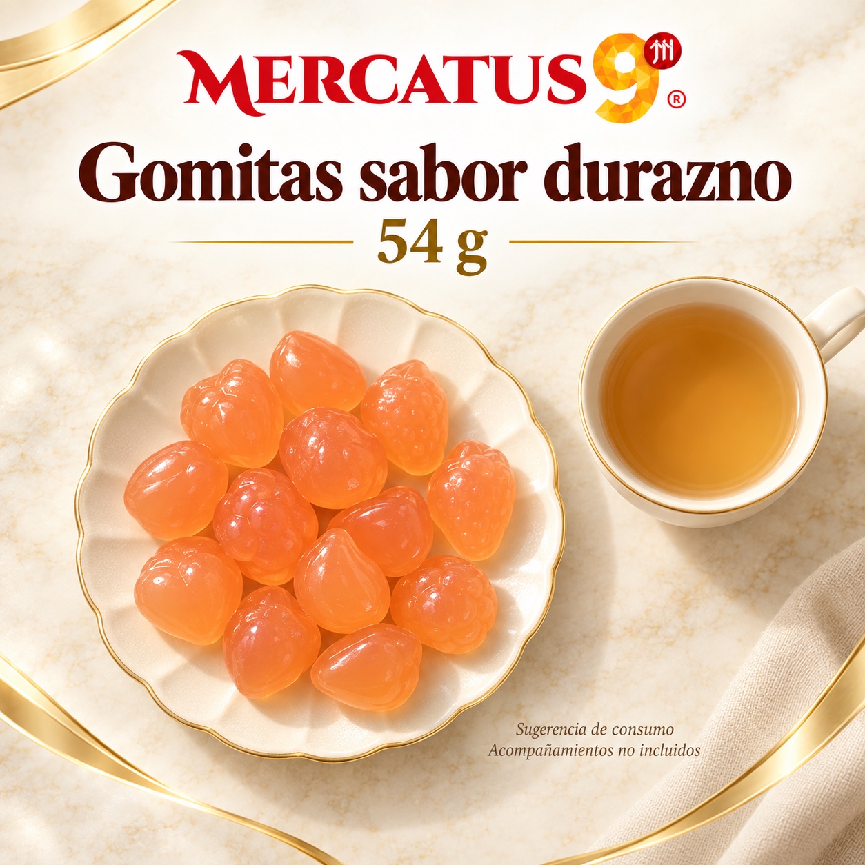 Sugerencia ilustrativa de consumo de Gomitas sabor durazno; acompañamientos no incluidos