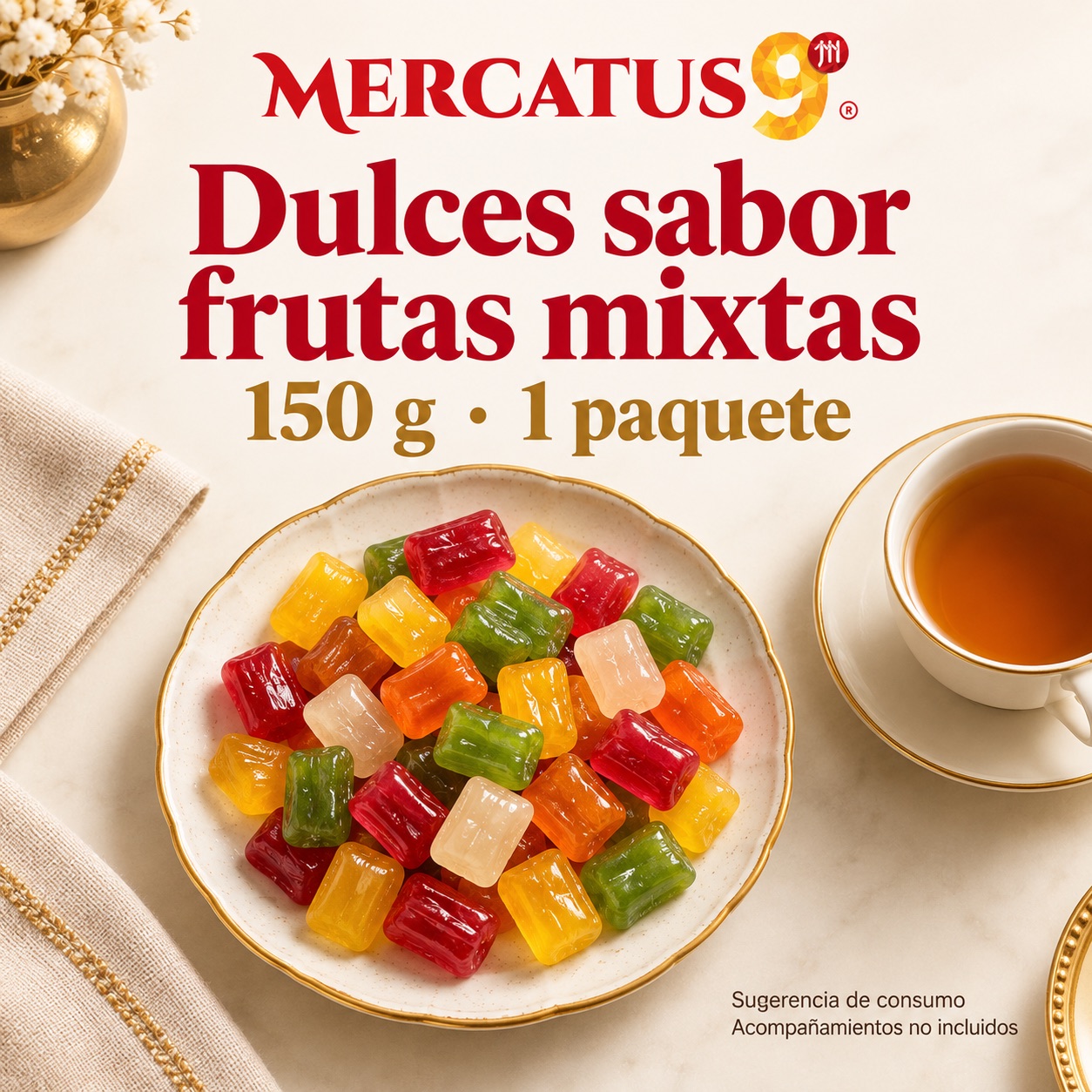 Sugerencia ilustrativa de consumo de Dulces JJLD sabor frutas mixtas; acompañamientos no incluidos