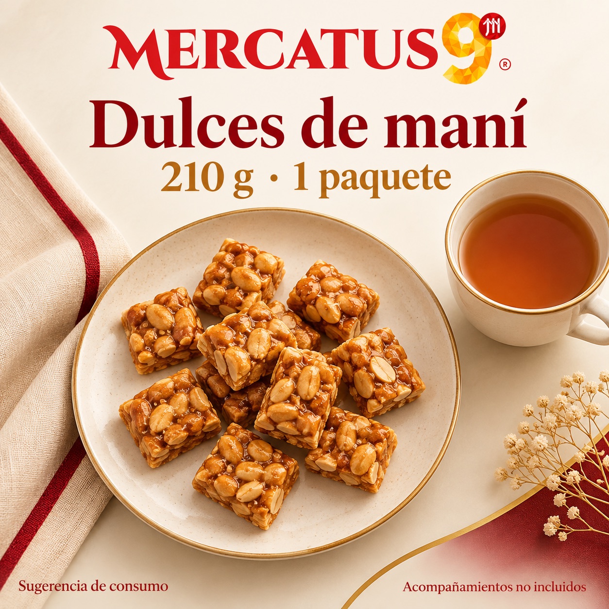 Sugerencia ilustrativa de consumo de Dulces de maní XFJ; acompañamientos no incluidos