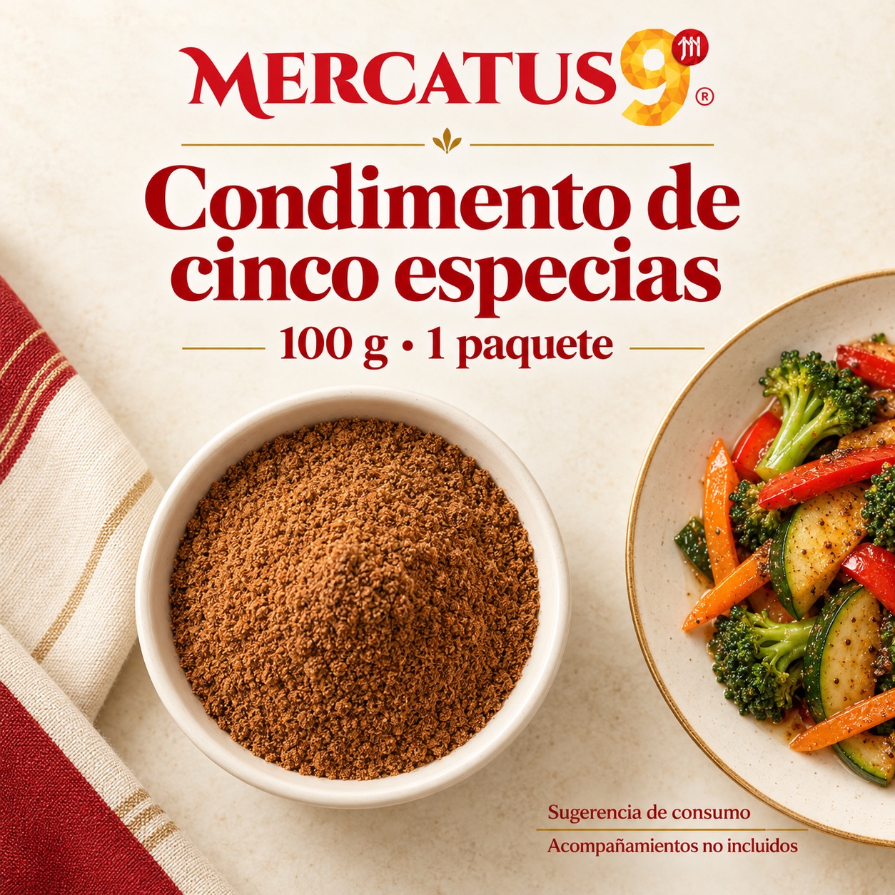 Sugerencia ilustrativa de consumo de Condimento CH de cinco especias; acompañamientos no incluidos