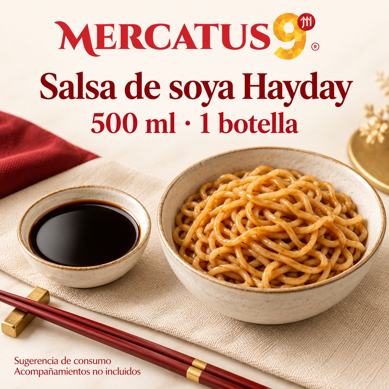 Sugerencia ilustrativa de consumo de Salsa de soya Hayday; acompañamientos no incluidos