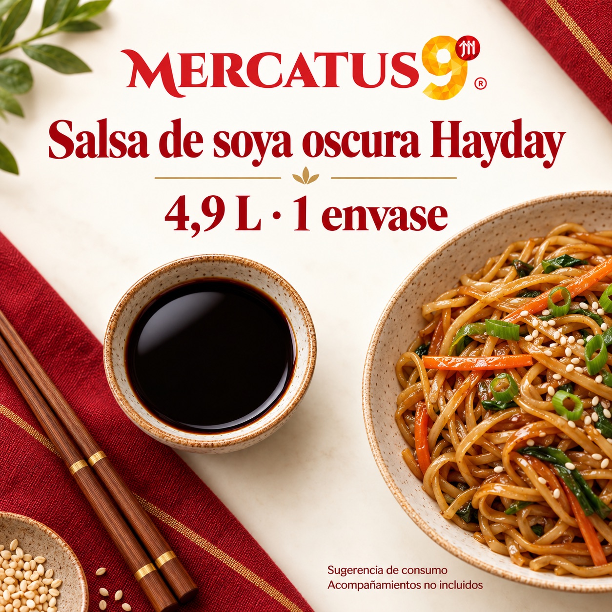 Sugerencia ilustrativa de consumo de Salsa de soya oscura Hayday; acompañamientos no incluidos