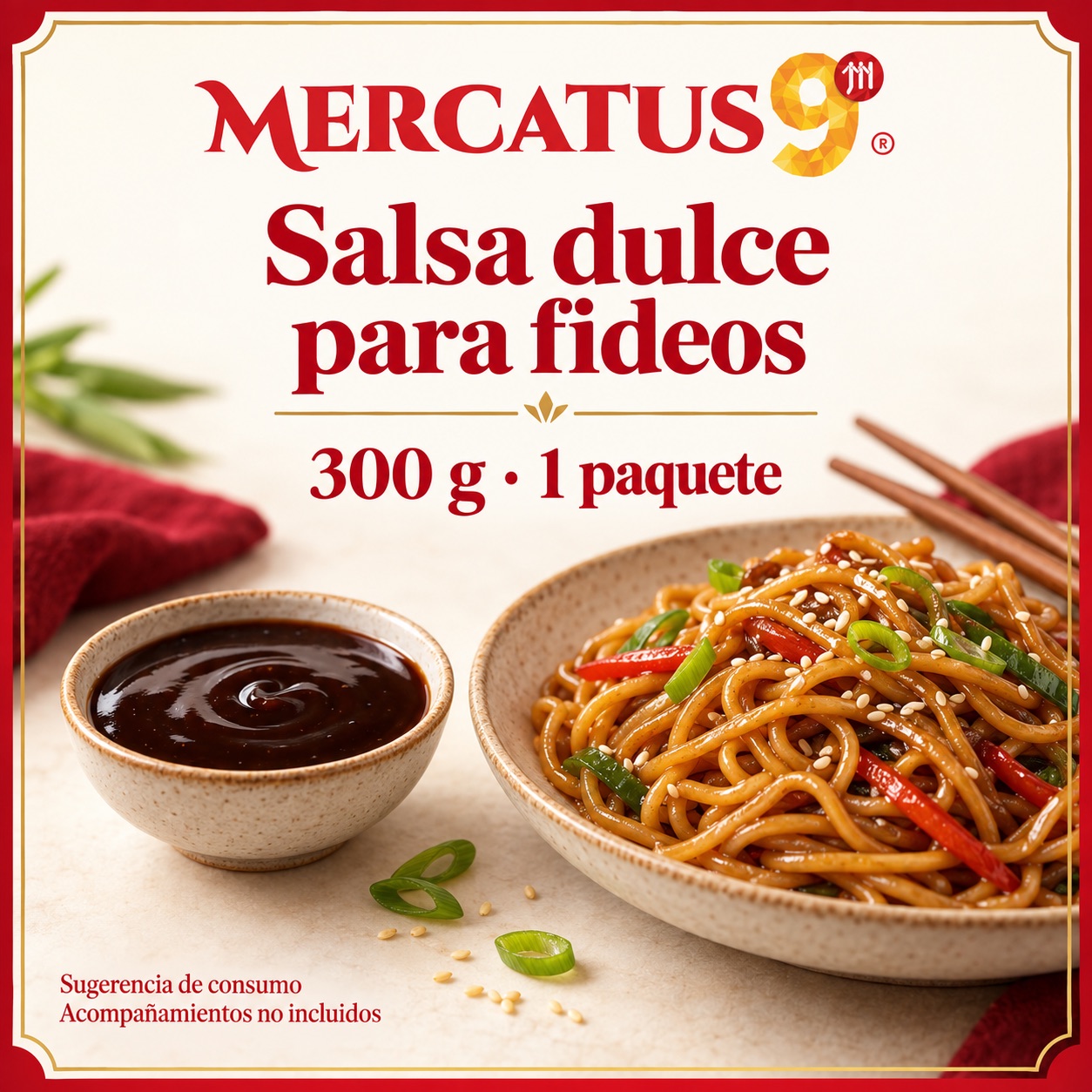 Sugerencia ilustrativa de consumo de Salsa dulce LYX para fideos; acompañamientos no incluidos
