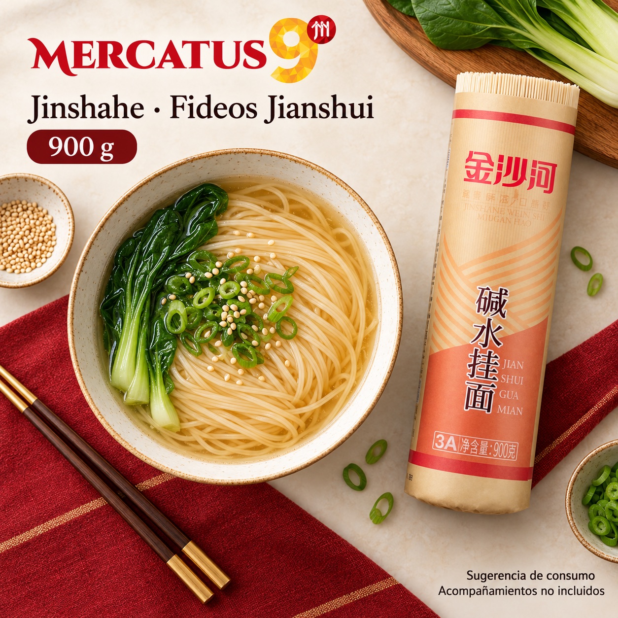 Sugerencia ilustrativa de consumo de Jinshahe · Fideos Jianshui; acompañamientos no incluidos