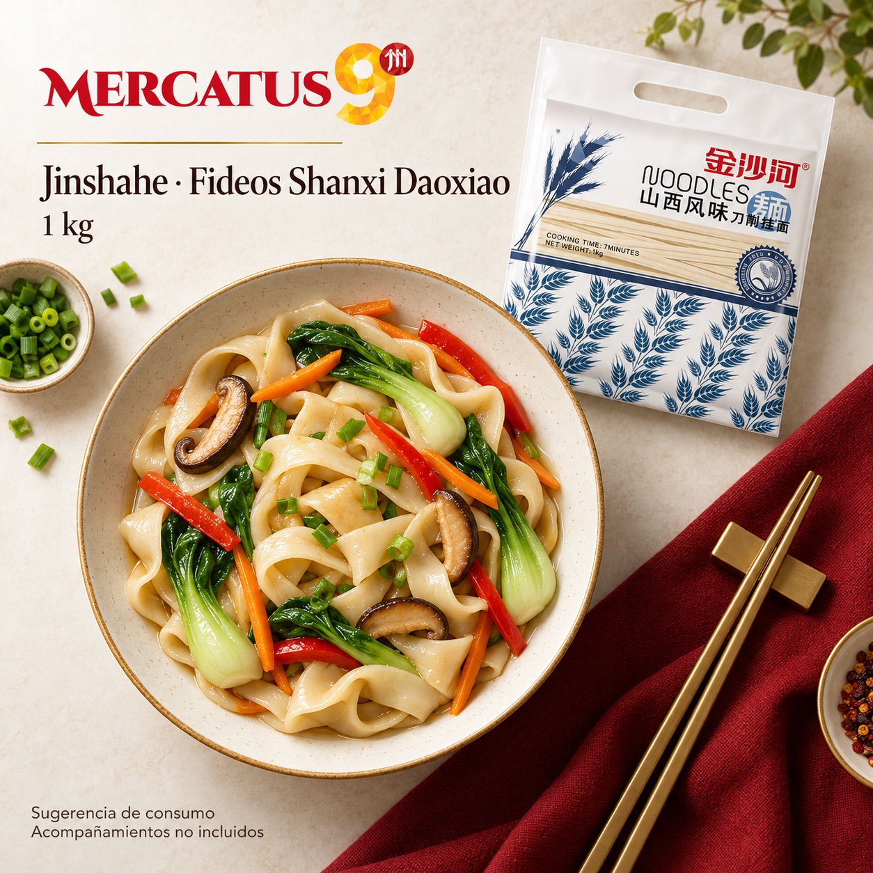 Sugerencia ilustrativa de consumo de Jinshahe · Fideos Shanxi Daoxiao; acompañamientos no incluidos