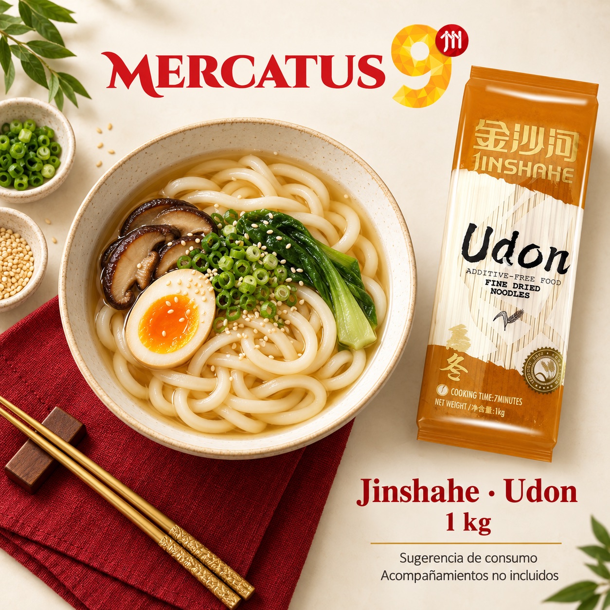 Sugerencia ilustrativa de consumo de Jinshahe · Fideos udon; acompañamientos no incluidos