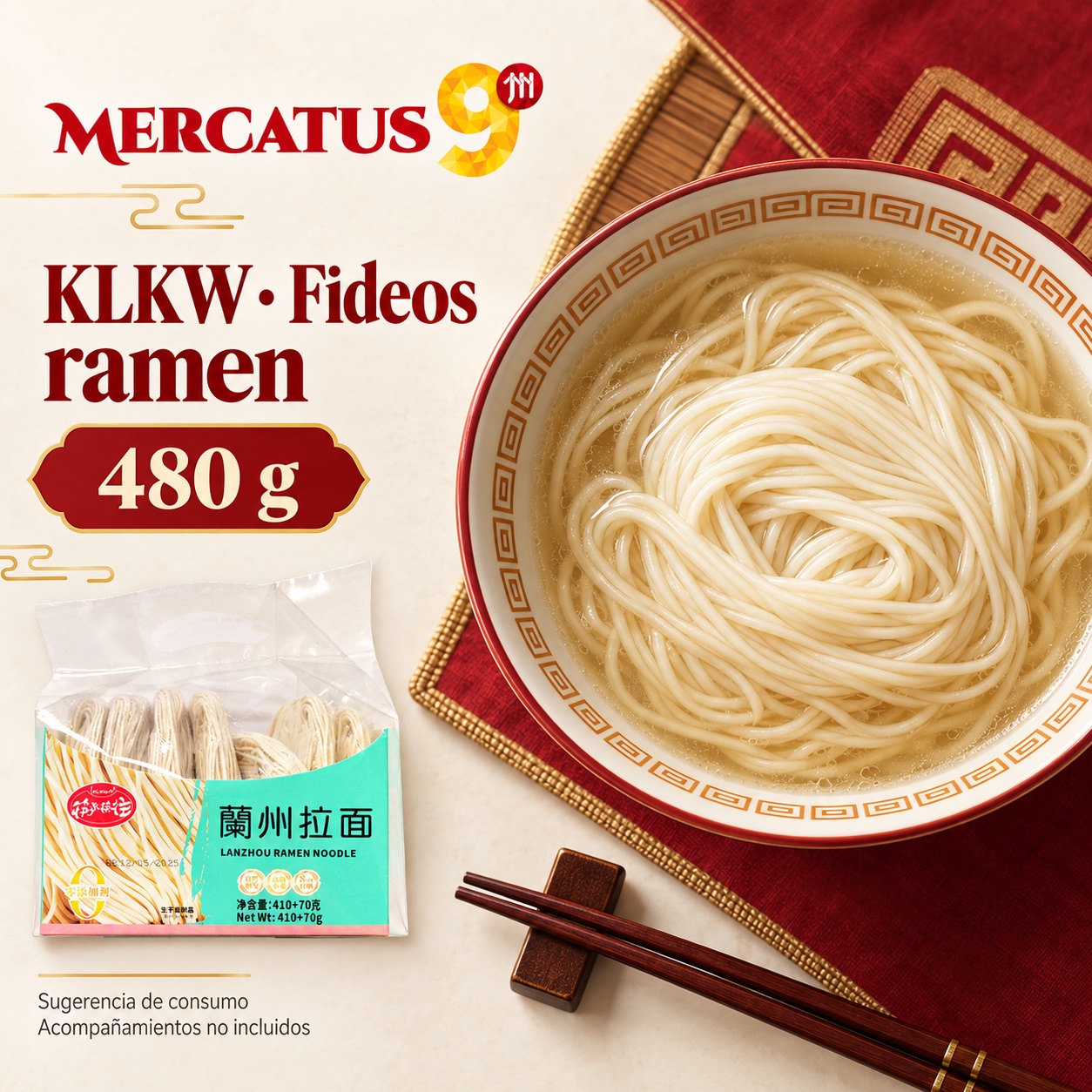 Sugerencia ilustrativa de consumo de KLKW · Fideos ramen; acompañamientos no incluidos