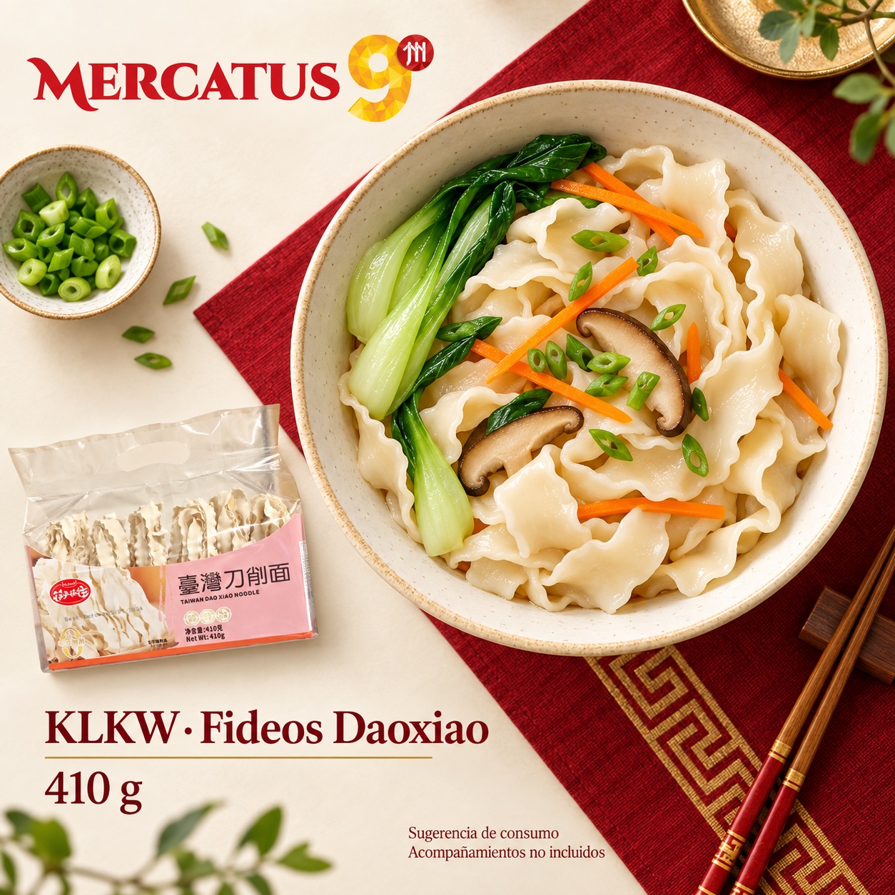 Sugerencia ilustrativa de consumo de KLKW · Fideos Shanxi Daoxiao; acompañamientos no incluidos