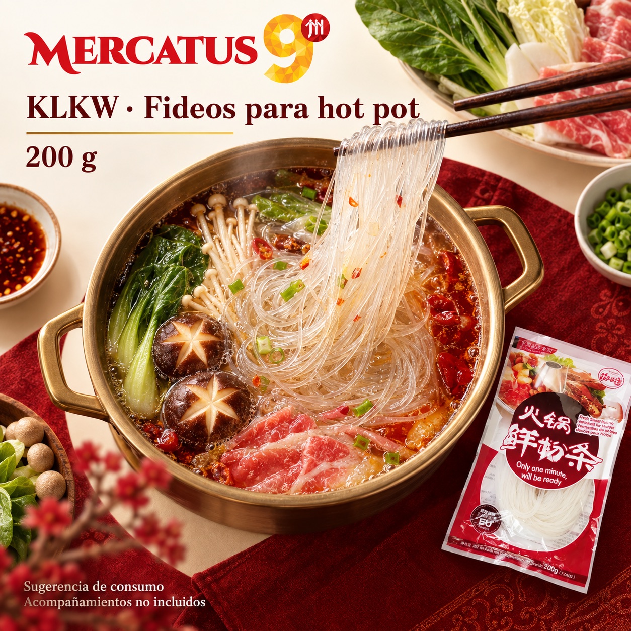 Sugerencia ilustrativa de consumo de KLKW · Fideos para hot pot; acompañamientos no incluidos