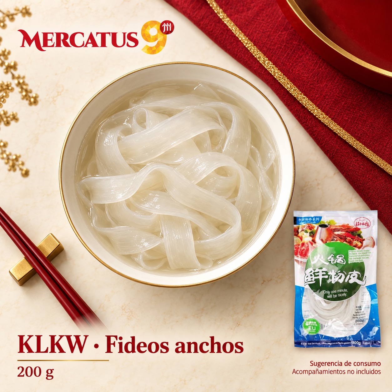 Sugerencia ilustrativa de consumo de KLKW · Fideos anchos; acompañamientos no incluidos