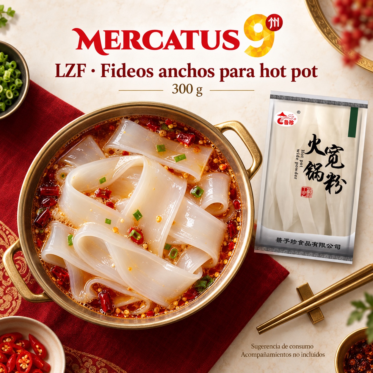 Sugerencia ilustrativa de consumo de LZF · Fideo ancho para hot pot; acompañamientos no incluidos