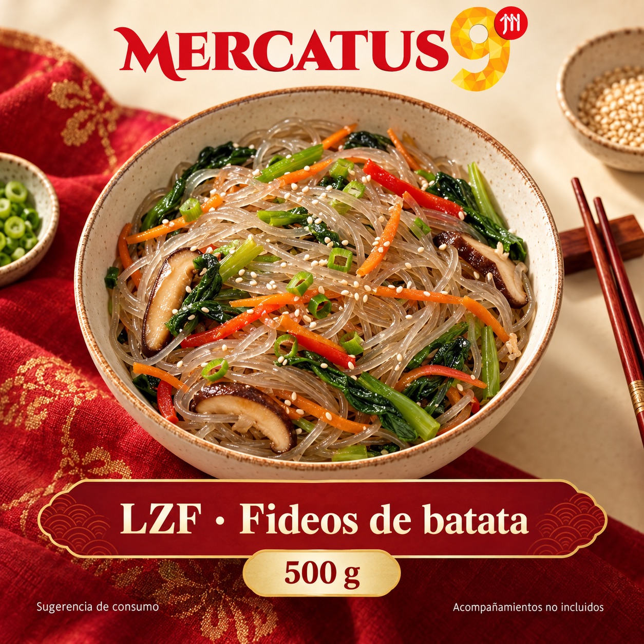 Sugerencia ilustrativa de consumo de LZF · Fideos de batata; acompañamientos no incluidos