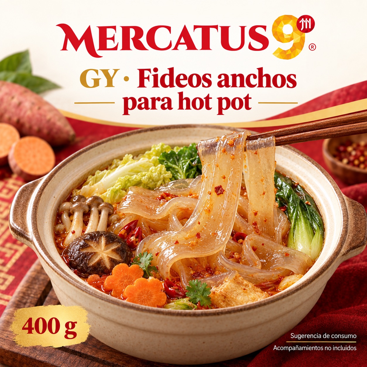 Sugerencia ilustrativa de consumo de GY · Fideo ancho para hot pot; acompañamientos no incluidos