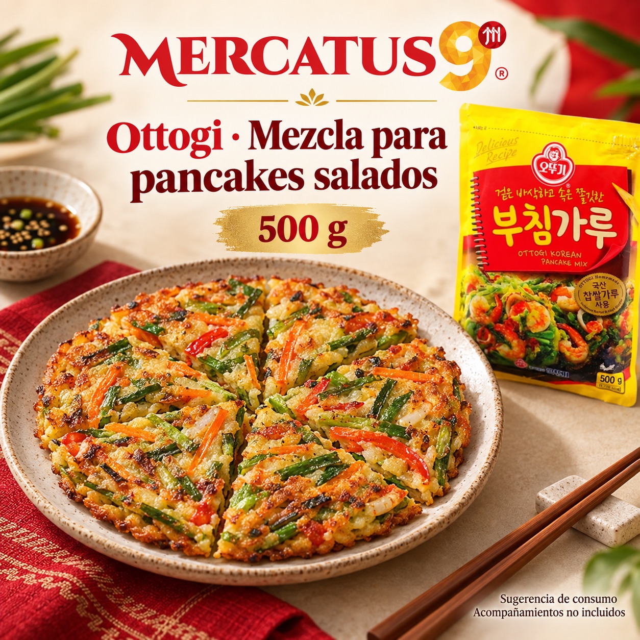 Sugerencia ilustrativa de consumo de Ottogi · Mezcla para pancakes salados; acompañamientos no incluidos