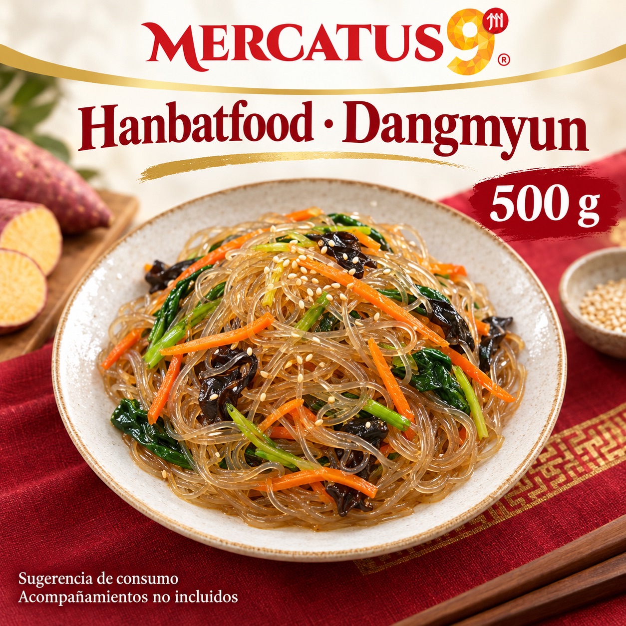 Sugerencia ilustrativa de consumo de Hanbatfood · Dangmyun; acompañamientos no incluidos