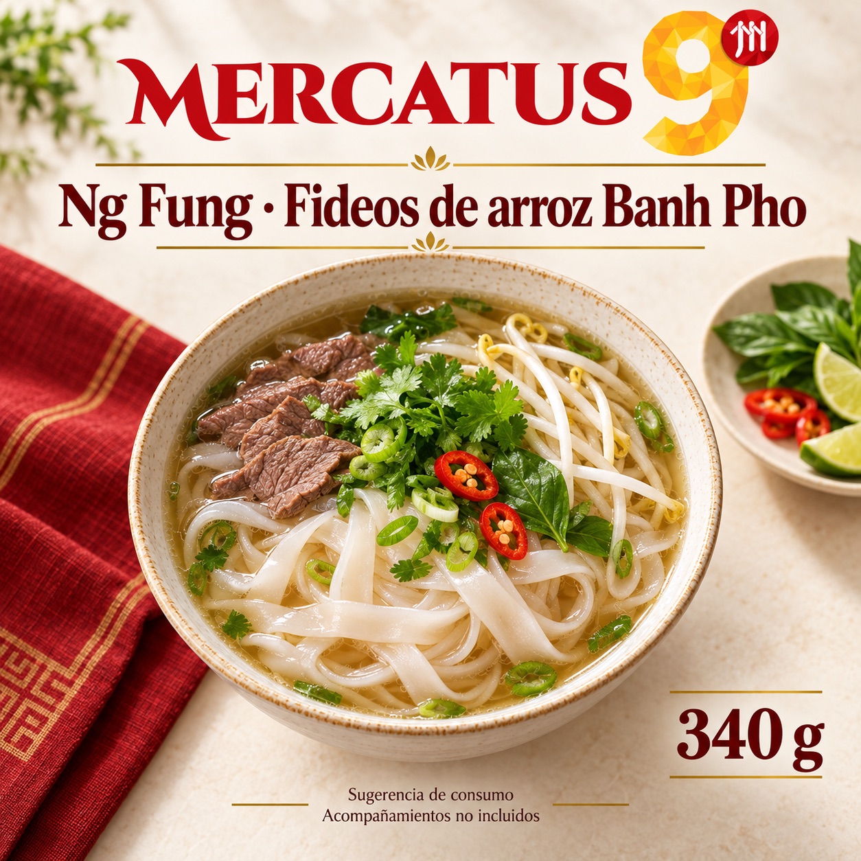 Sugerencia ilustrativa de consumo de Ng Fung · Fideos de arroz Banh Pho; acompañamientos no incluidos