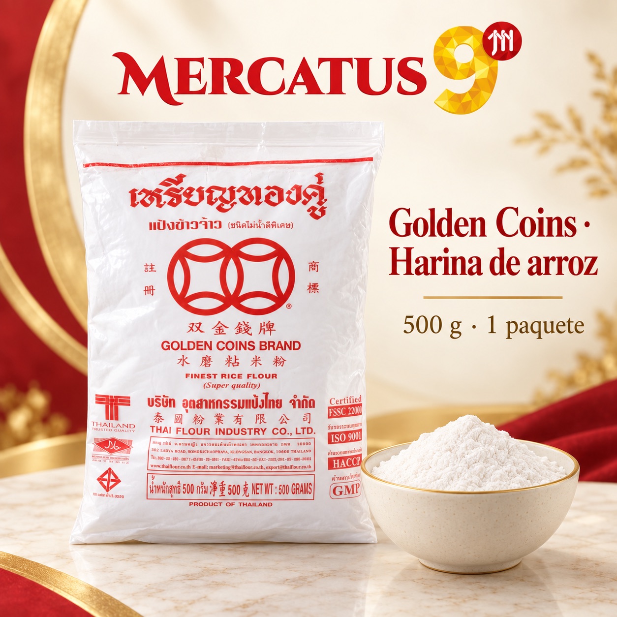 Golden Coins · Harina de arroz, presentación de 500 g, Mercatus9
