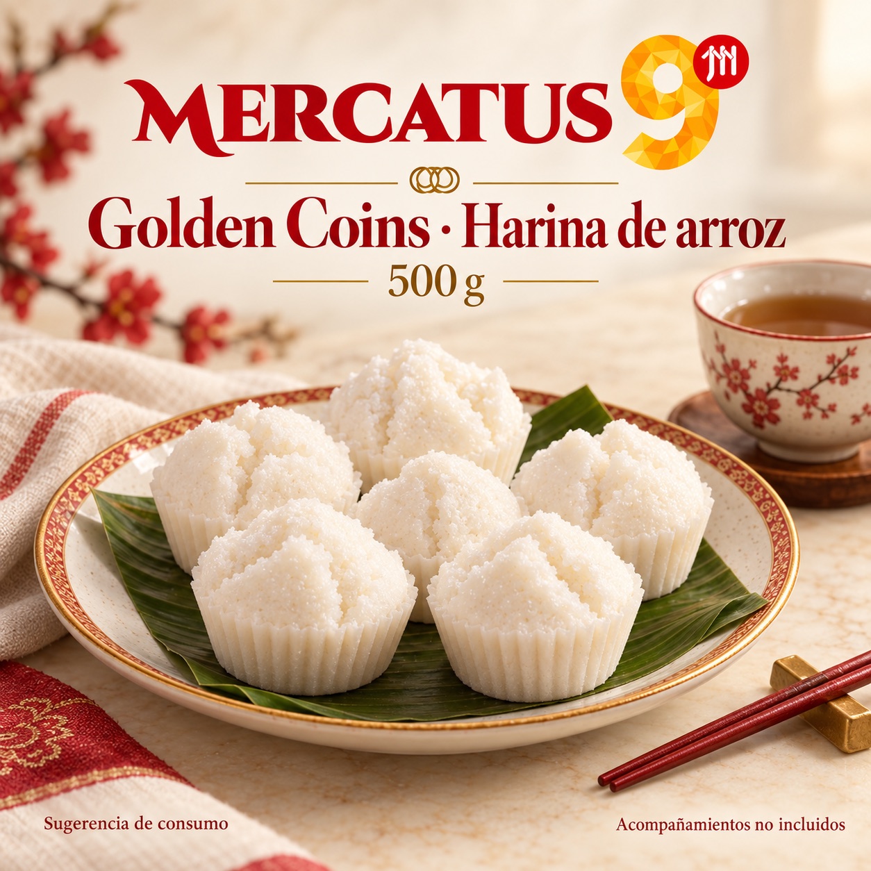 Sugerencia ilustrativa de consumo de Golden Coins · Harina de arroz; acompañamientos no incluidos