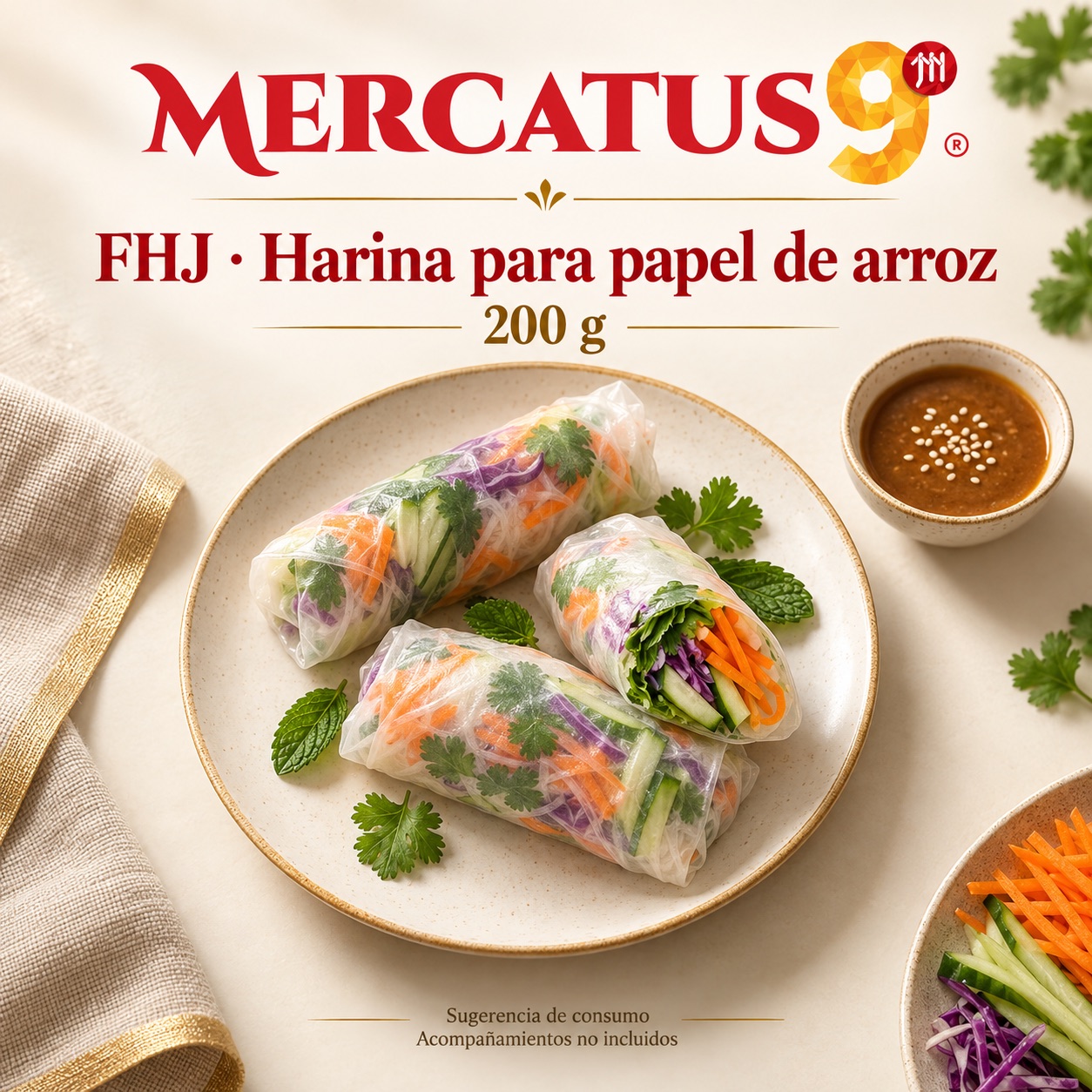 Sugerencia ilustrativa de consumo de FHJ · Harina de ñame morado para papel de arroz; acompañamientos no incluidos