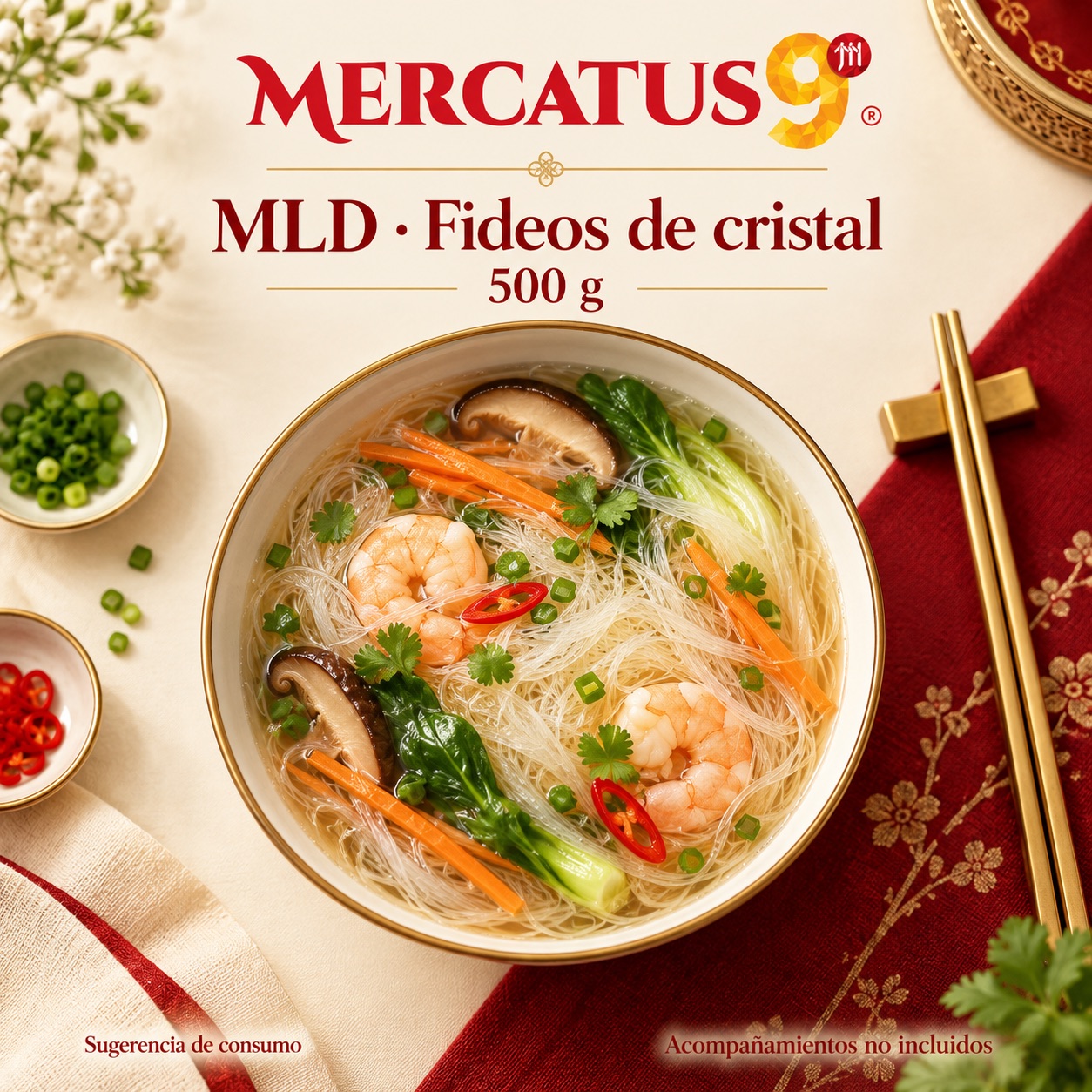 Sugerencia ilustrativa de consumo de MLD · Fideos de cristal; acompañamientos no incluidos