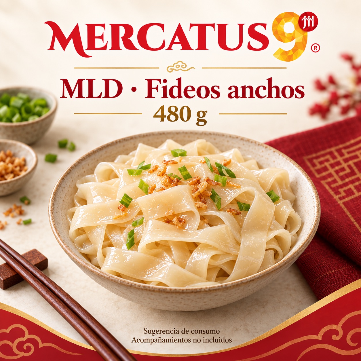 Sugerencia ilustrativa de consumo de MLD · Fideos anchos · MLD22; acompañamientos no incluidos