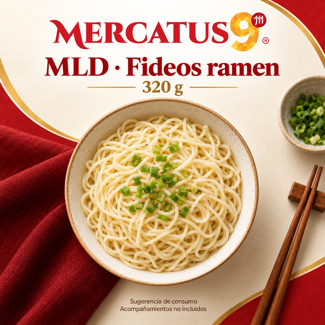 Sugerencia ilustrativa de consumo de MLD · Fideos ramen; acompañamientos no incluidos