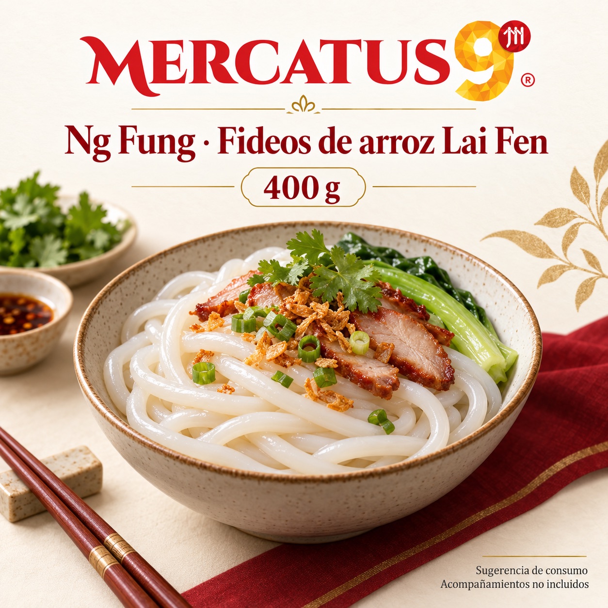 Sugerencia ilustrativa de consumo de Ng Fung · Fideos de arroz Lai Fen; acompañamientos no incluidos