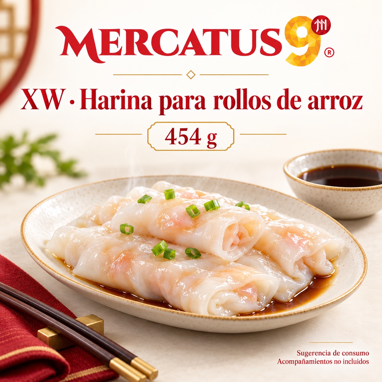 Sugerencia ilustrativa de consumo de XW · Harina para rollos de fideo de arroz; acompañamientos no incluidos