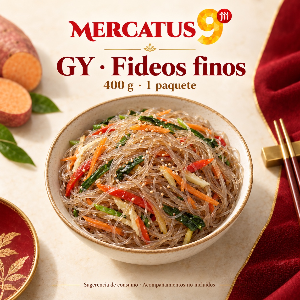 Sugerencia ilustrativa de consumo de GY · Fideos finos; acompañamientos no incluidos