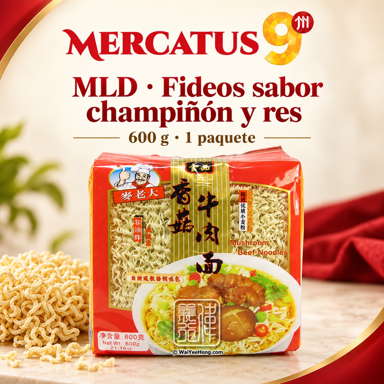 MLD · Fideos sabor champiñón y res, presentación de 600 g, Mercatus9