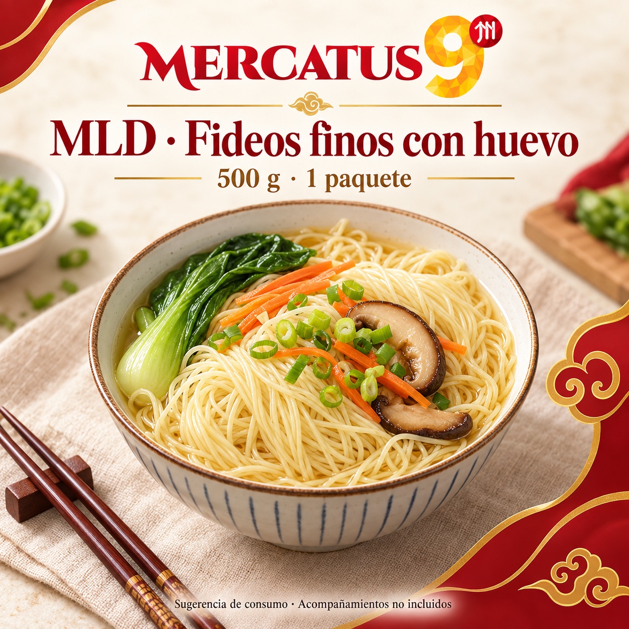 Sugerencia ilustrativa de consumo de MLD · Fideos finos con huevo; acompañamientos no incluidos