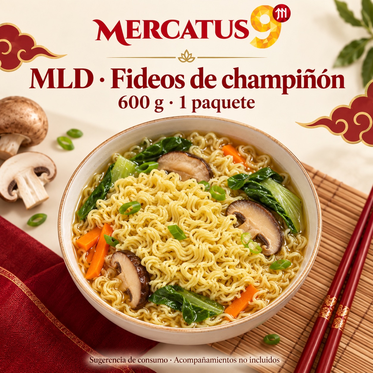 Sugerencia ilustrativa de consumo de MLD · Fideos de champiñón; acompañamientos no incluidos