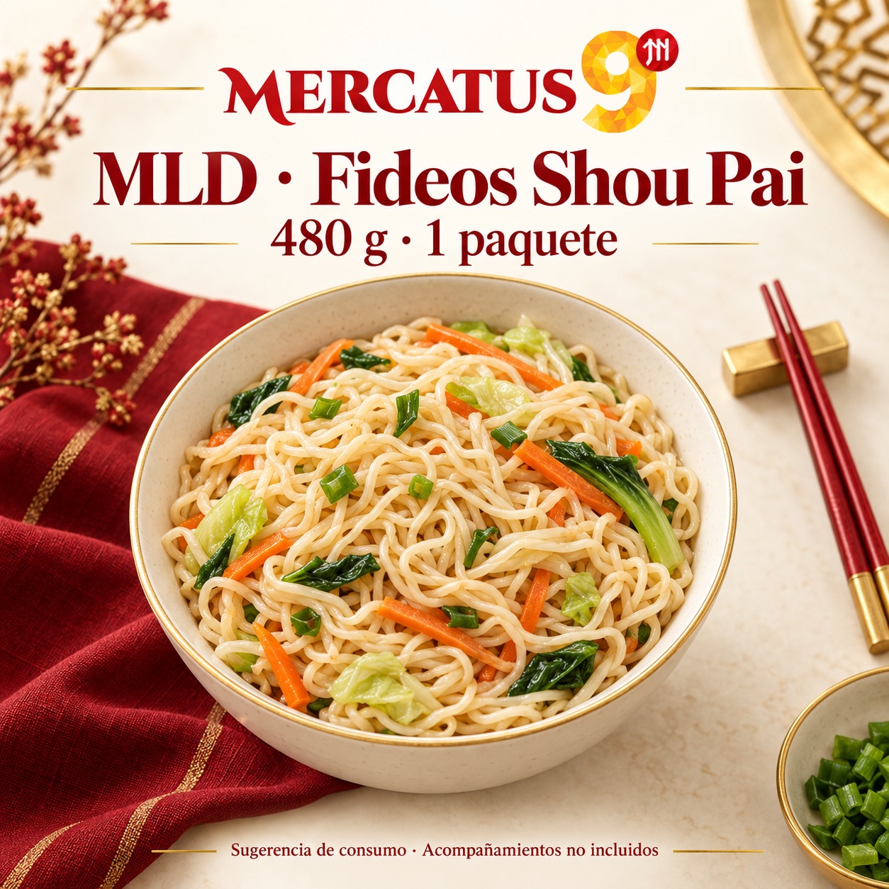 Sugerencia ilustrativa de consumo de MLD · Fideos Shou Pai; acompañamientos no incluidos