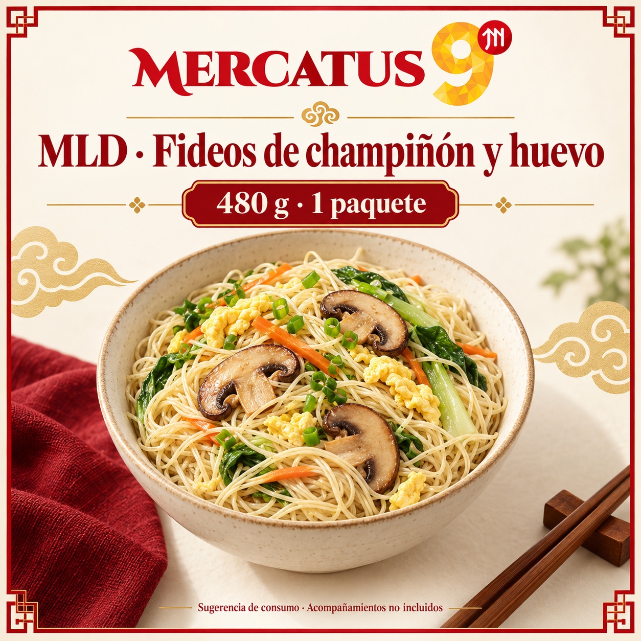 Sugerencia ilustrativa de consumo de MLD · Fideos de champiñón y huevo; acompañamientos no incluidos